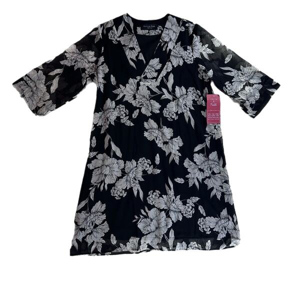 Truth & Fable Black And White Midi Chiffon V Neck Tunic Dress Size XL 3/4Sleeve - Picture 2 of 14